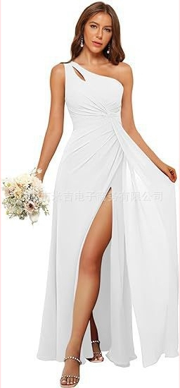 Рокля за шаферки с едно рамо, дълга пола, полиестерен плат, без ръкави, талия средна