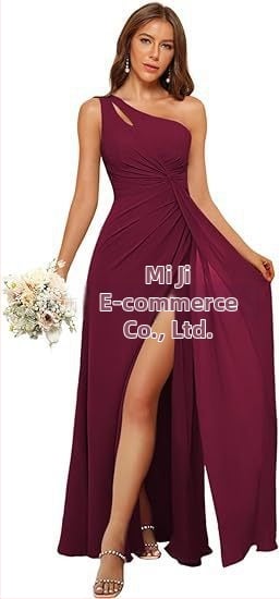 Рокля за шаферки с едно рамо, дълга пола, полиестерен плат, без ръкави, талия средна