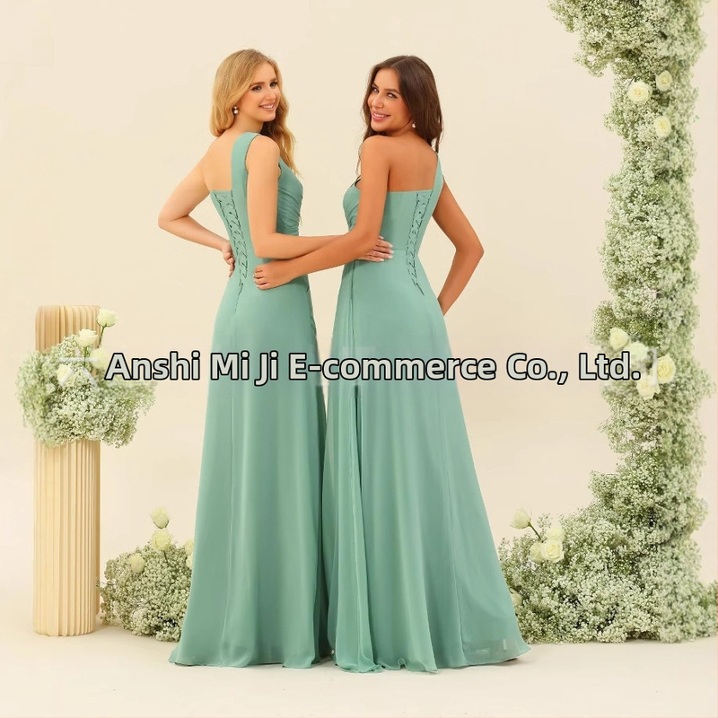 Рокля за шаферки с едно рамо, дълга пола, полиестерен плат, без ръкави, талия средна