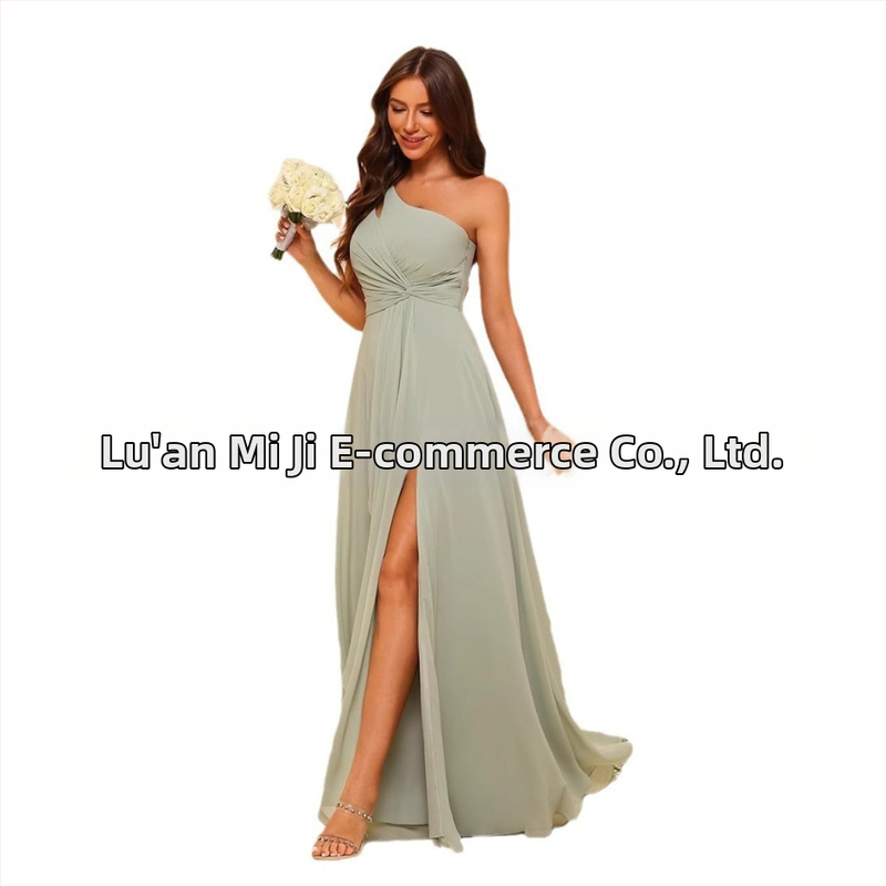 Рокля за шаферки с едно рамо, дълга пола, полиестерен плат, без ръкави, талия средна