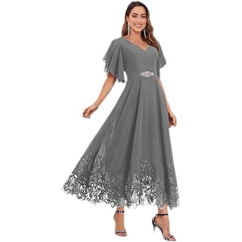 Шифонова вечерна рокля за шаферки с дълбоко V-образно деколте, дантела, къси ръкави, дълга пола, полиестер