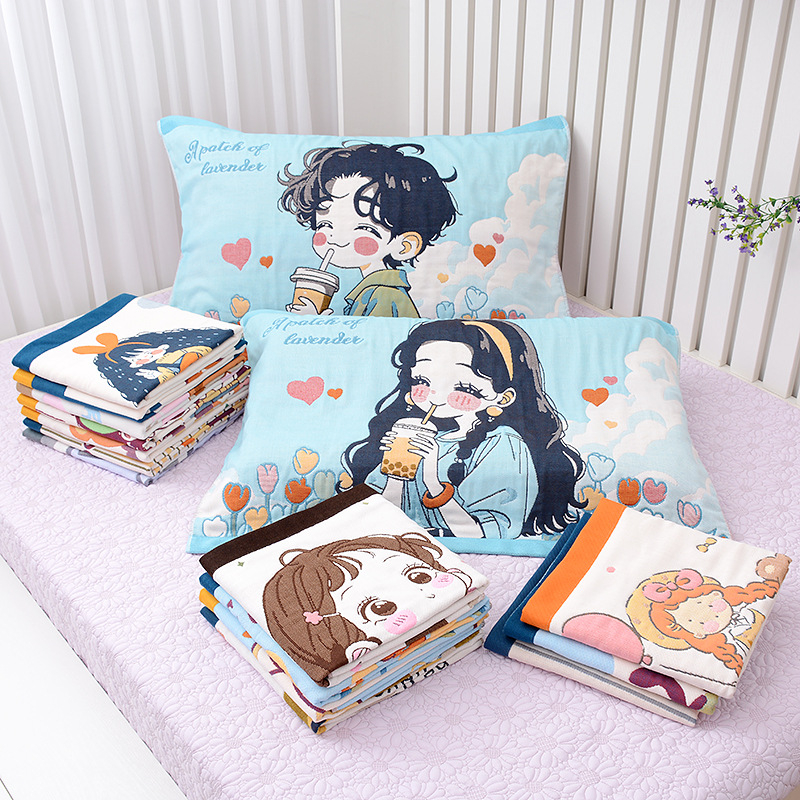 Medvilninė pagalvės uždanga, aštuonių sluoksnių marlė, poroms, mielas animacinis dizainas, švelni ir kvėpuojanti