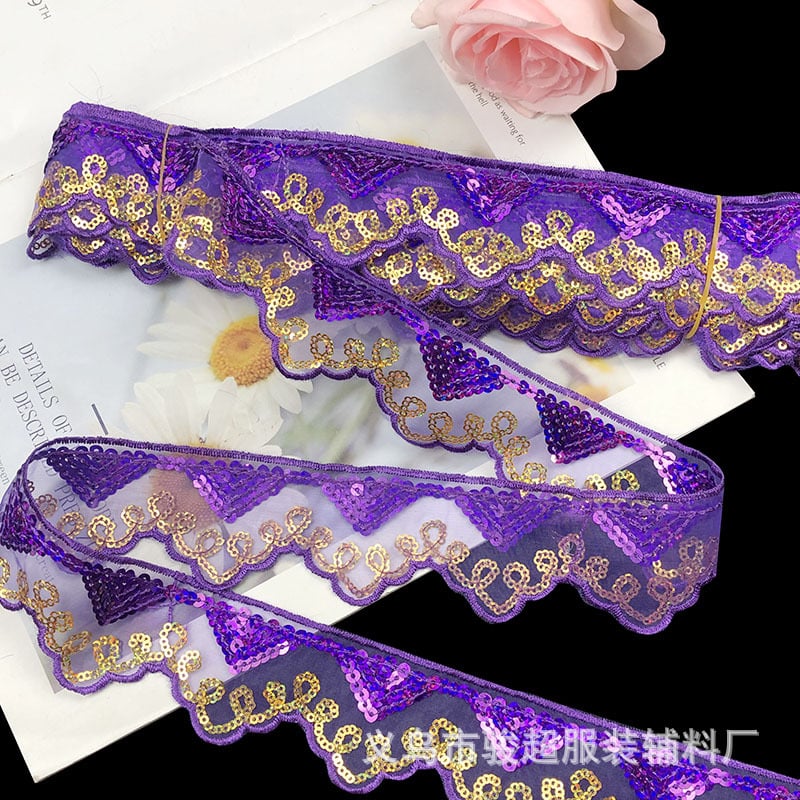 Δαντέλα από πολυεστέρα με παγιέτες και κέντημα, άκρη με πλέγμα για εσώρουχα