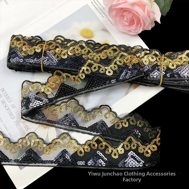 Δαντέλα από πολυεστέρα με παγιέτες και κέντημα, άκρη με πλέγμα για εσώρουχα