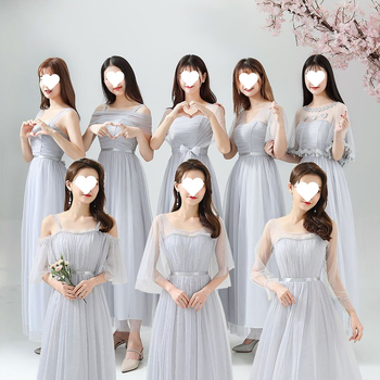 Рокля за шаферки за летни изпълнения - стройна кройка, елегантна, мрежеста полиестрова тъкан, дълга пола, 3/4 ръкав