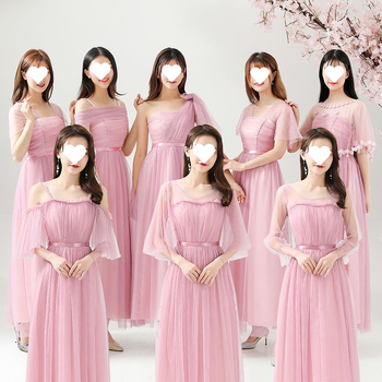 Рокля за шаферки за летни изпълнения - стройна кройка, елегантна, мрежеста полиестрова тъкан, дълга пола, 3/4 ръкав