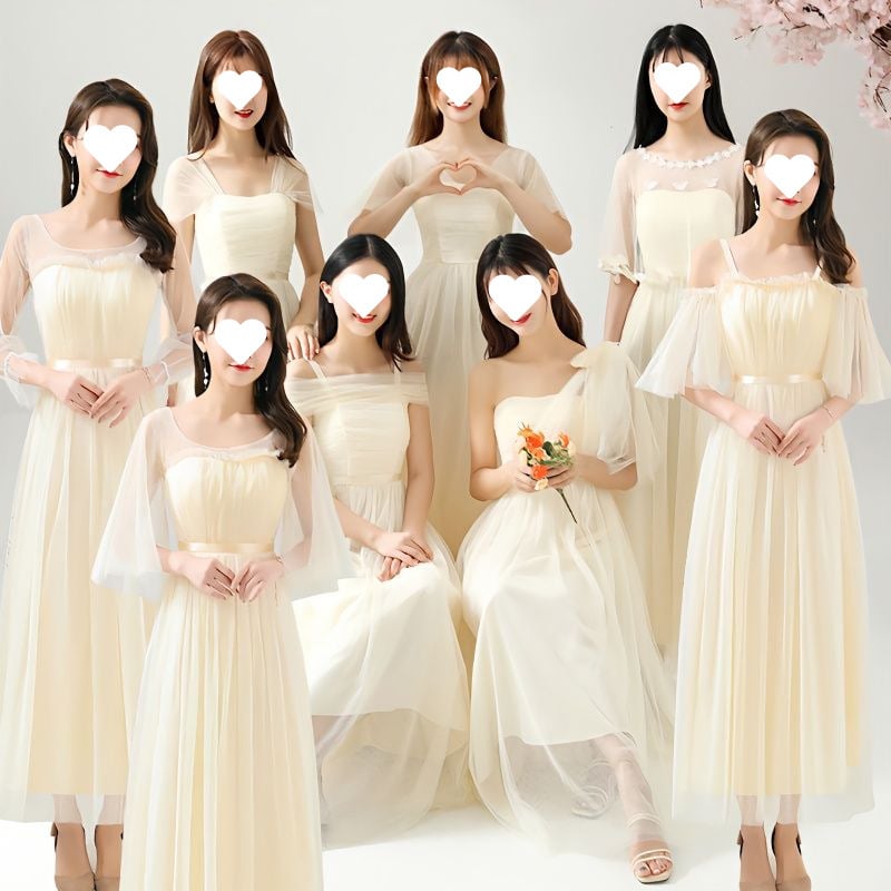 Рокля за шаферки за летни изпълнения - стройна кройка, елегантна, мрежеста полиестрова тъкан, дълга пола, 3/4 ръкав