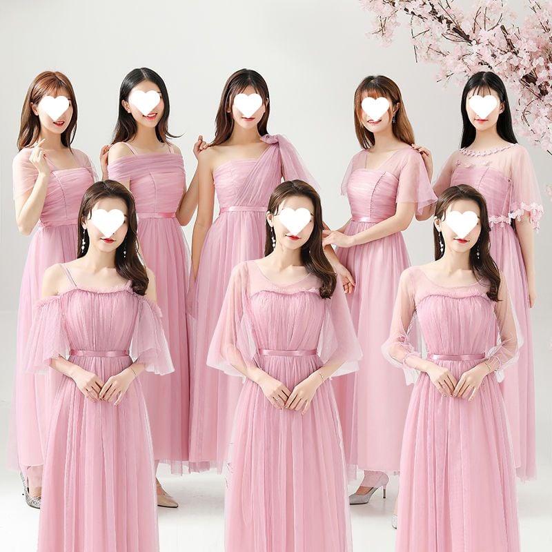 Рокля за шаферки за летни изпълнения - стройна кройка, елегантна, мрежеста полиестрова тъкан, дълга пола, 3/4 ръкав