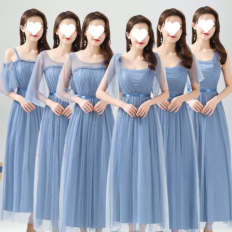 Рокля за шаферки за летни изпълнения - стройна кройка, елегантна, мрежеста полиестрова тъкан, дълга пола, 3/4 ръкав