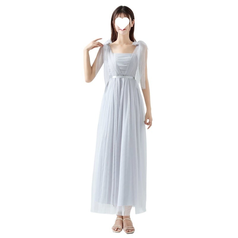 Рокля за шаферки за летни изпълнения - стройна кройка, елегантна, мрежеста полиестрова тъкан, дълга пола, 3/4 ръкав