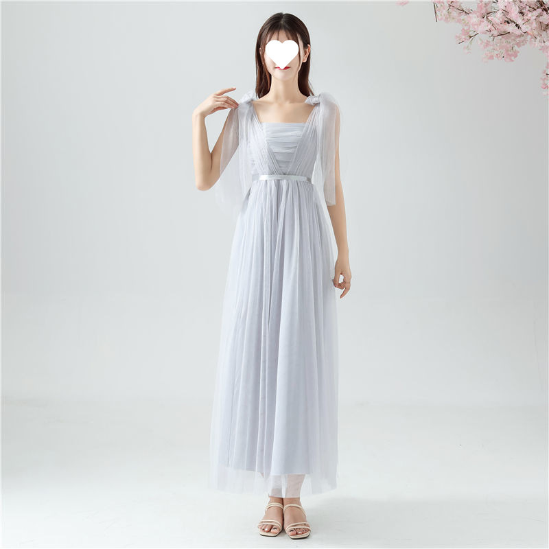 Рокля за шаферки за летни изпълнения - стройна кройка, елегантна, мрежеста полиестрова тъкан, дълга пола, 3/4 ръкав