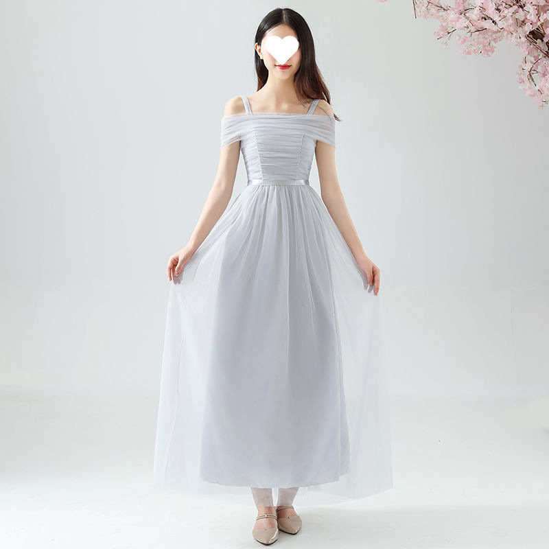 Рокля за шаферки за летни изпълнения - стройна кройка, елегантна, мрежеста полиестрова тъкан, дълга пола, 3/4 ръкав