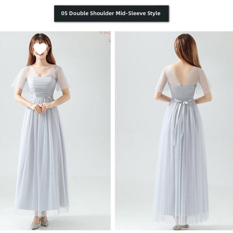 Рокля за шаферки за летни изпълнения - стройна кройка, елегантна, мрежеста полиестрова тъкан, дълга пола, 3/4 ръкав