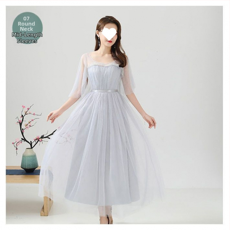 Рокля за шаферки за летни изпълнения - стройна кройка, елегантна, мрежеста полиестрова тъкан, дълга пола, 3/4 ръкав