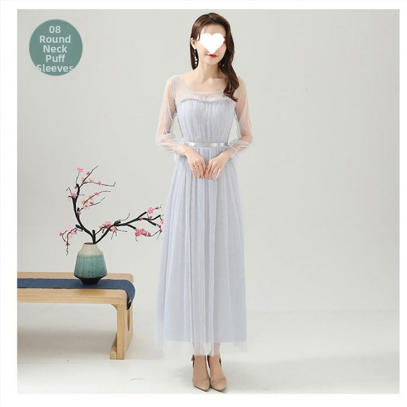 Рокля за шаферки за летни изпълнения - стройна кройка, елегантна, мрежеста полиестрова тъкан, дълга пола, 3/4 ръкав