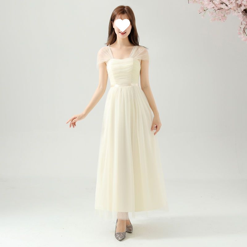 Рокля за шаферки за летни изпълнения - стройна кройка, елегантна, мрежеста полиестрова тъкан, дълга пола, 3/4 ръкав