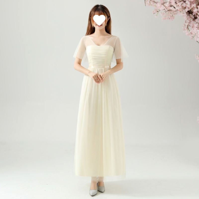 Рокля за шаферки за летни изпълнения - стройна кройка, елегантна, мрежеста полиестрова тъкан, дълга пола, 3/4 ръкав