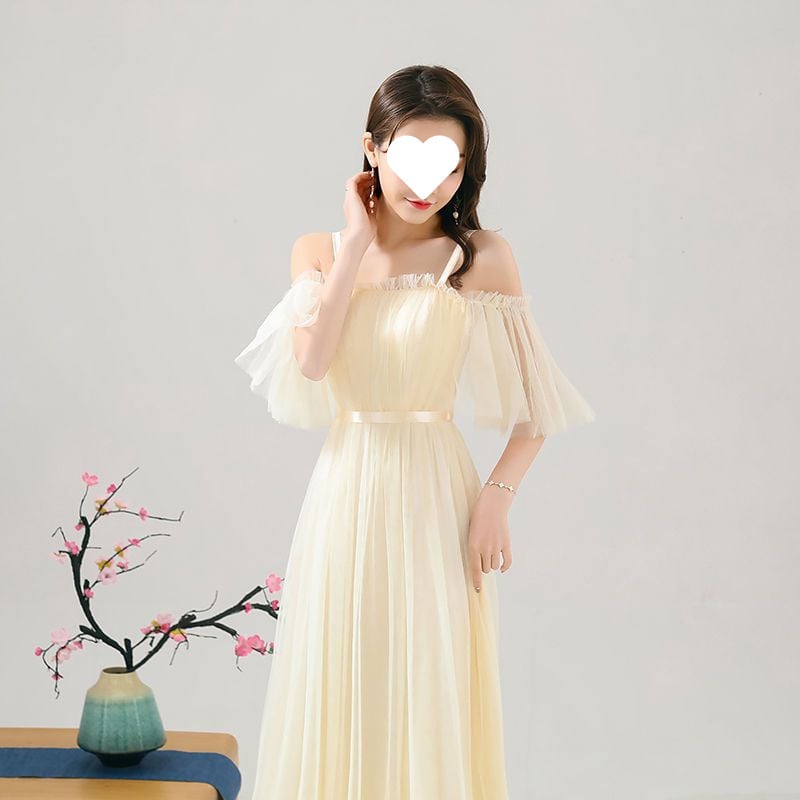 Рокля за шаферки за летни изпълнения - стройна кройка, елегантна, мрежеста полиестрова тъкан, дълга пола, 3/4 ръкав