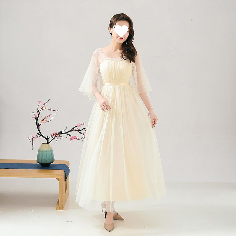 Рокля за шаферки за летни изпълнения - стройна кройка, елегантна, мрежеста полиестрова тъкан, дълга пола, 3/4 ръкав