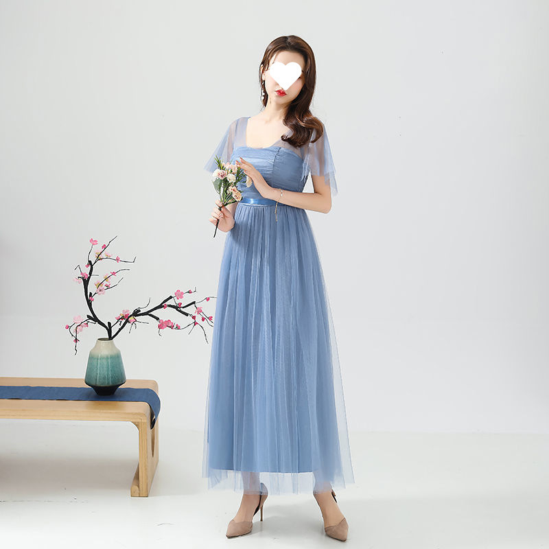 Рокля за шаферки за летни изпълнения - стройна кройка, елегантна, мрежеста полиестрова тъкан, дълга пола, 3/4 ръкав