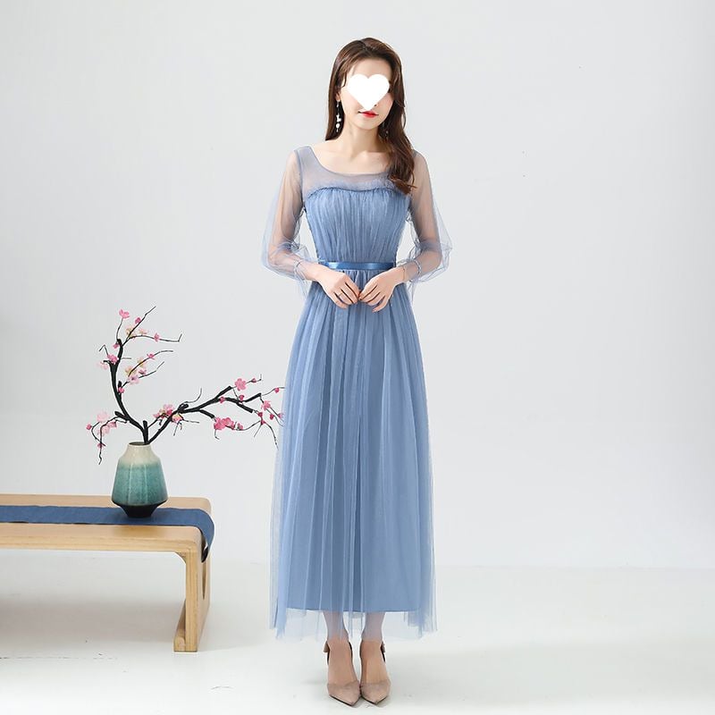 Рокля за шаферки за летни изпълнения - стройна кройка, елегантна, мрежеста полиестрова тъкан, дълга пола, 3/4 ръкав