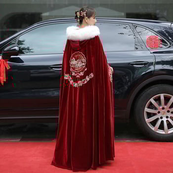 Hanfu Xiuhe skraistė su kailio apykakle, velveto audinys, twill audinys, retro stilius, kilmė Suzhou