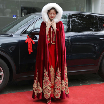 Hanfu Xiuhe skraistė su kailio apykakle, velveto audinys, twill audinys, retro stilius, kilmė Suzhou