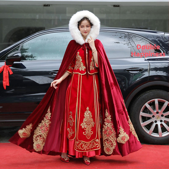 Hanfu Xiuhe skraistė su kailio apykakle, velveto audinys, twill audinys, retro stilius, kilmė Suzhou
