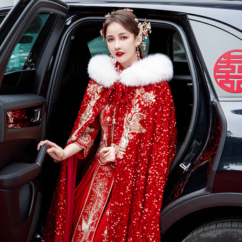 Hanfu Xiuhe skraistė su kailio apykakle, velveto audinys, twill audinys, retro stilius, kilmė Suzhou