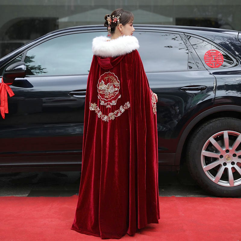 Hanfu Xiuhe skraistė su kailio apykakle, velveto audinys, twill audinys, retro stilius, kilmė Suzhou