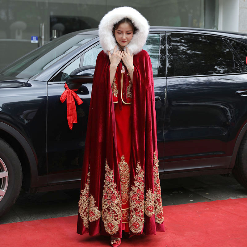 Hanfu Xiuhe skraistė su kailio apykakle, velveto audinys, twill audinys, retro stilius, kilmė Suzhou