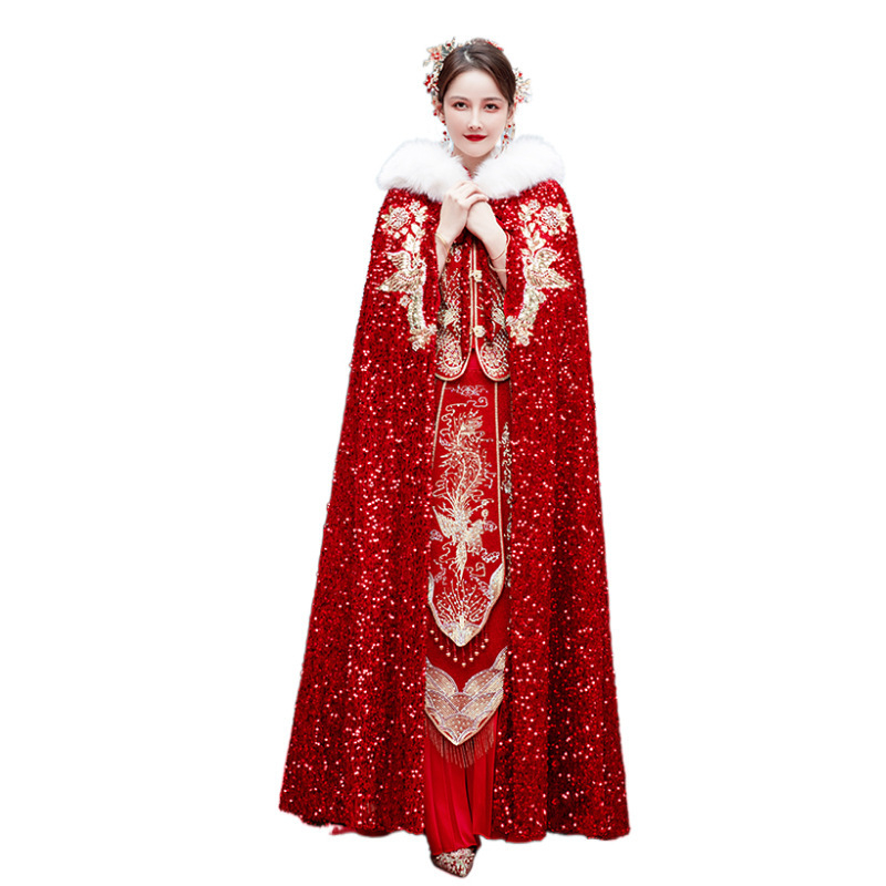 Hanfu Xiuhe skraistė su kailio apykakle, velveto audinys, twill audinys, retro stilius, kilmė Suzhou