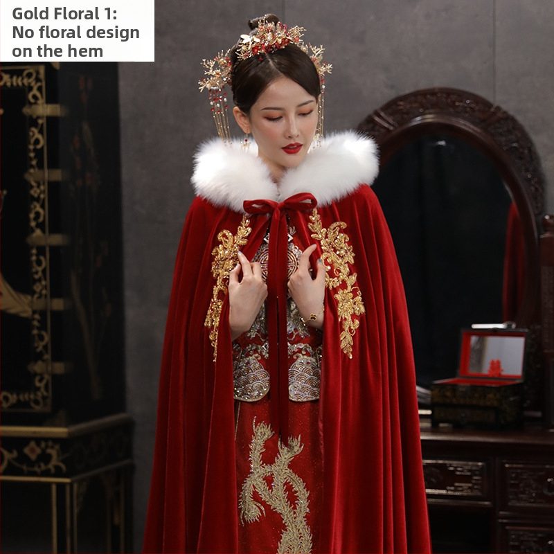 Hanfu Xiuhe skraistė su kailio apykakle, velveto audinys, twill audinys, retro stilius, kilmė Suzhou