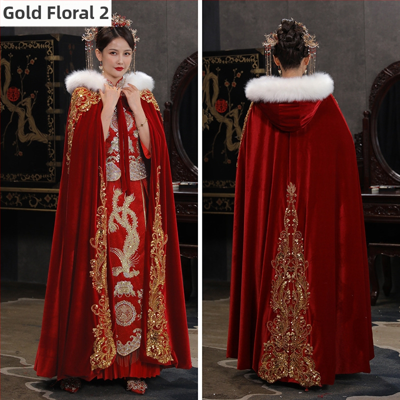 Hanfu Xiuhe skraistė su kailio apykakle, velveto audinys, twill audinys, retro stilius, kilmė Suzhou