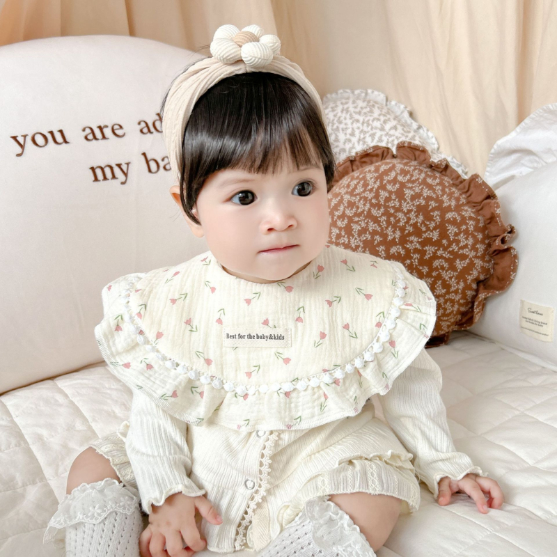 Kūdikių marlių medvilnės skudurėlis su gėlių nėriniu, atsparus vandeniui ir nešvarumams, tinkamas naujagimiams iki 6 metų, ruduo 2024