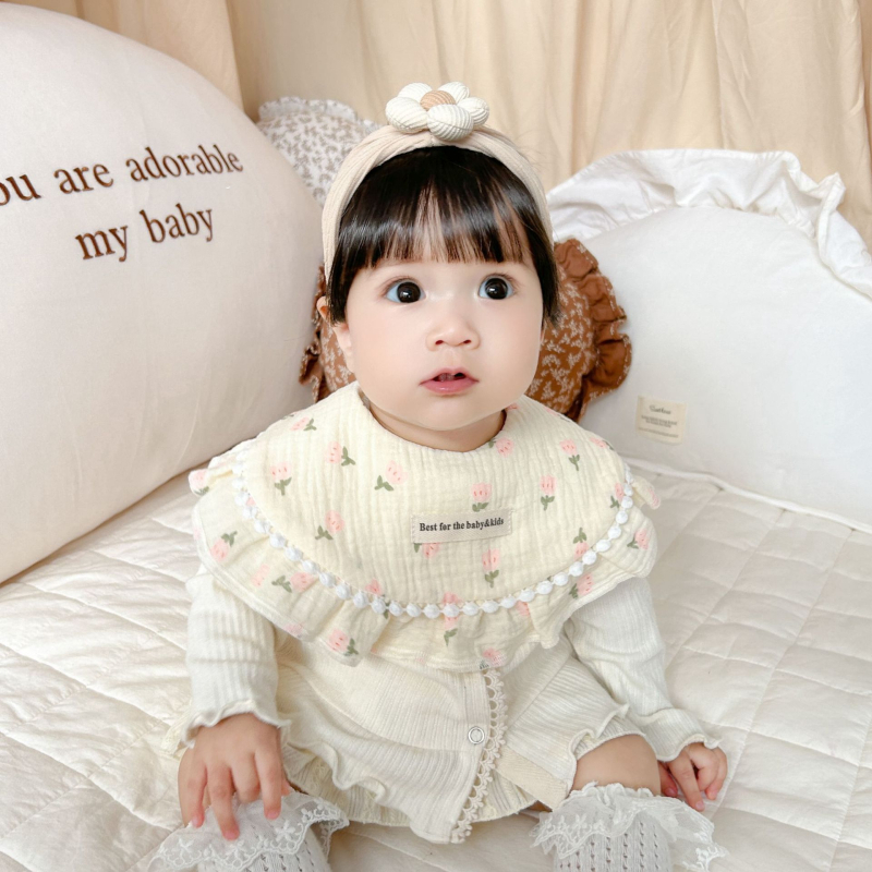 Kūdikių marlių medvilnės skudurėlis su gėlių nėriniu, atsparus vandeniui ir nešvarumams, tinkamas naujagimiams iki 6 metų, ruduo 2024