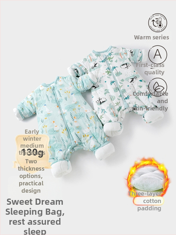 Miego krepšys kūdikiams ir mažiems vaikams, su atskirtomis kojytėmis, nuimamomis rankovėmis, 95% medvilnės audinys, cheminis pluoštas užpildas, karikatūrinis raštas, tinkamas žiemai, pavasariui ir rudeniui