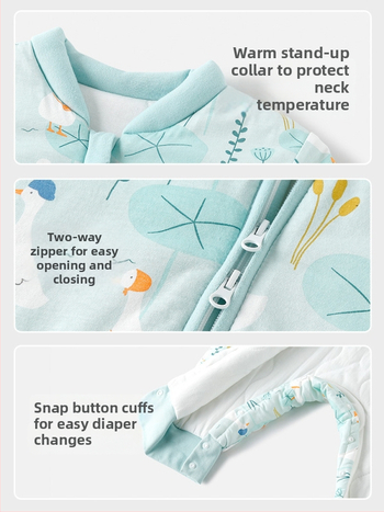 Miego krepšys kūdikiams ir mažiems vaikams, su atskirtomis kojytėmis, nuimamomis rankovėmis, 95% medvilnės audinys, cheminis pluoštas užpildas, karikatūrinis raštas, tinkamas žiemai, pavasariui ir rudeniui