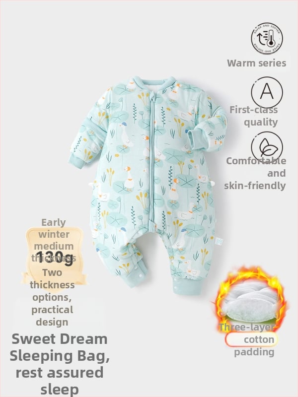 Miego krepšys kūdikiams ir mažiems vaikams, su atskirtomis kojytėmis, nuimamomis rankovėmis, 95% medvilnės audinys, cheminis pluoštas užpildas, karikatūrinis raštas, tinkamas žiemai, pavasariui ir rudeniui