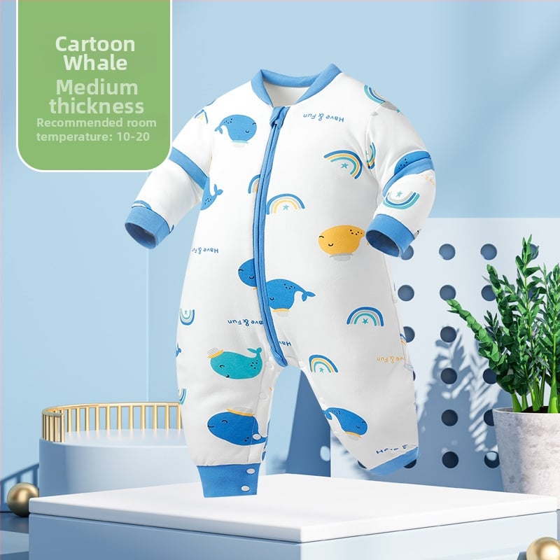 Miego krepšys kūdikiams ir mažiems vaikams, su atskirtomis kojytėmis, nuimamomis rankovėmis, 95% medvilnės audinys, cheminis pluoštas užpildas, karikatūrinis raštas, tinkamas žiemai, pavasariui ir rudeniui