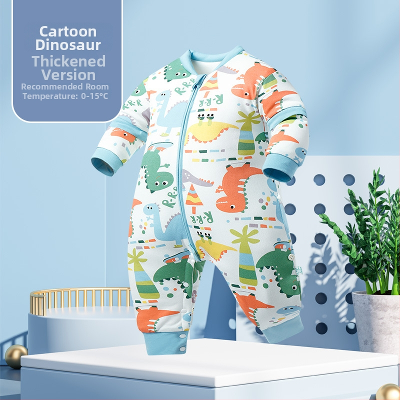 Miego krepšys kūdikiams ir mažiems vaikams, su atskirtomis kojytėmis, nuimamomis rankovėmis, 95% medvilnės audinys, cheminis pluoštas užpildas, karikatūrinis raštas, tinkamas žiemai, pavasariui ir rudeniui