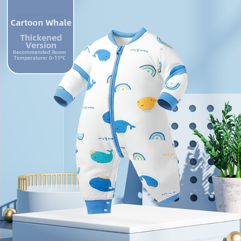 Miego krepšys kūdikiams ir mažiems vaikams, su atskirtomis kojytėmis, nuimamomis rankovėmis, 95% medvilnės audinys, cheminis pluoštas užpildas, karikatūrinis raštas, tinkamas žiemai, pavasariui ir rudeniui