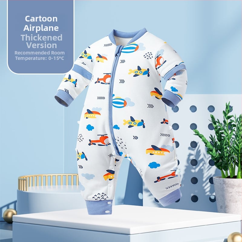 Miego krepšys kūdikiams ir mažiems vaikams, su atskirtomis kojytėmis, nuimamomis rankovėmis, 95% medvilnės audinys, cheminis pluoštas užpildas, karikatūrinis raštas, tinkamas žiemai, pavasariui ir rudeniui