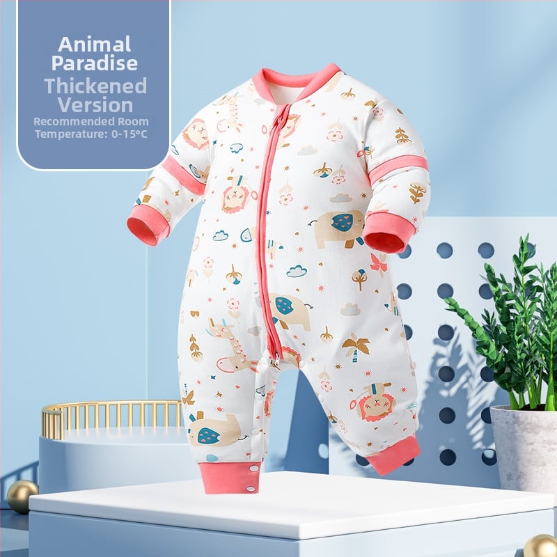 Miego krepšys kūdikiams ir mažiems vaikams, su atskirtomis kojytėmis, nuimamomis rankovėmis, 95% medvilnės audinys, cheminis pluoštas užpildas, karikatūrinis raštas, tinkamas žiemai, pavasariui ir rudeniui