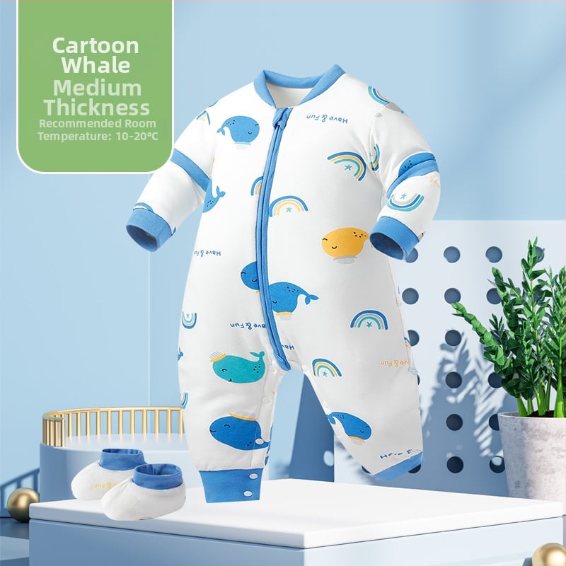 Miego krepšys kūdikiams ir mažiems vaikams, su atskirtomis kojytėmis, nuimamomis rankovėmis, 95% medvilnės audinys, cheminis pluoštas užpildas, karikatūrinis raštas, tinkamas žiemai, pavasariui ir rudeniui