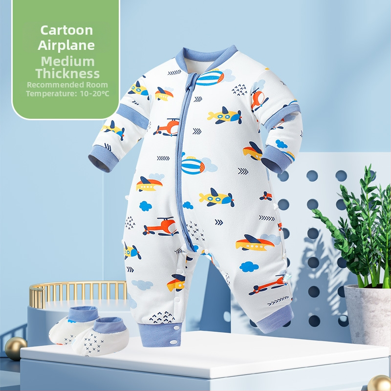 Miego krepšys kūdikiams ir mažiems vaikams, su atskirtomis kojytėmis, nuimamomis rankovėmis, 95% medvilnės audinys, cheminis pluoštas užpildas, karikatūrinis raštas, tinkamas žiemai, pavasariui ir rudeniui