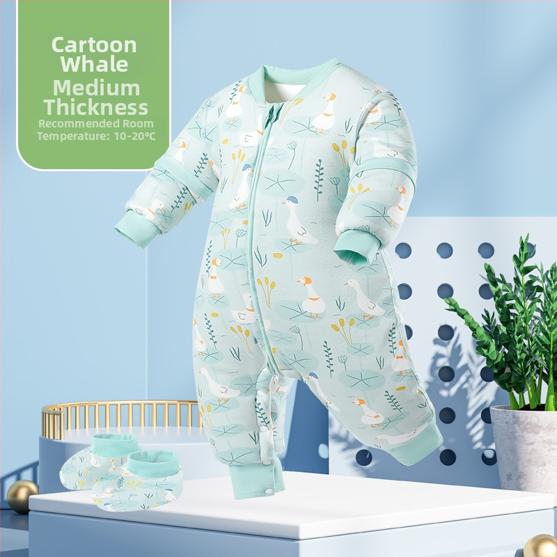 Miego krepšys kūdikiams ir mažiems vaikams, su atskirtomis kojytėmis, nuimamomis rankovėmis, 95% medvilnės audinys, cheminis pluoštas užpildas, karikatūrinis raštas, tinkamas žiemai, pavasariui ir rudeniui