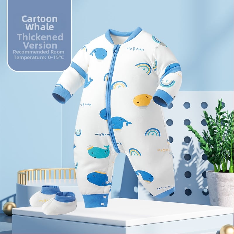 Miego krepšys kūdikiams ir mažiems vaikams, su atskirtomis kojytėmis, nuimamomis rankovėmis, 95% medvilnės audinys, cheminis pluoštas užpildas, karikatūrinis raštas, tinkamas žiemai, pavasariui ir rudeniui