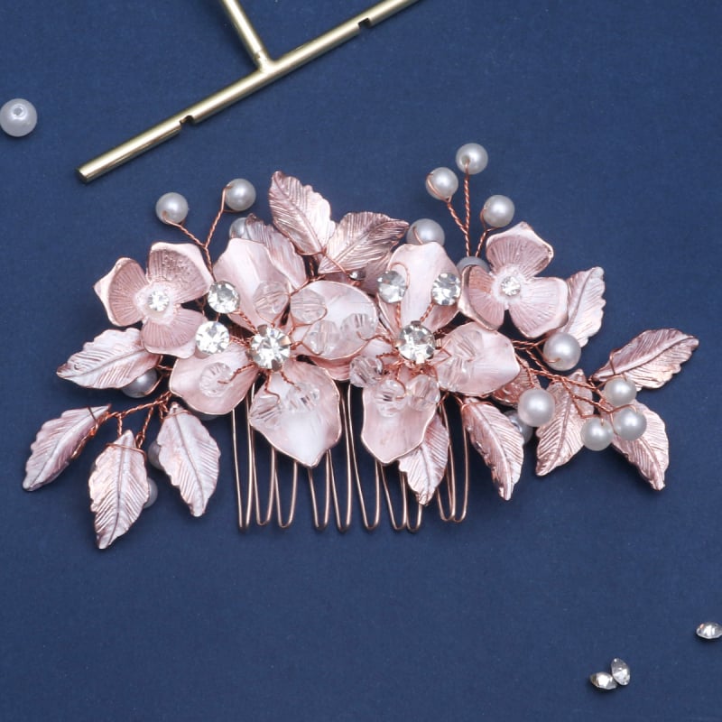 Щипка за коса във форма на цвете от сплав с перли и кристали, електроплатена ръчна изработка, подходяща за сватба