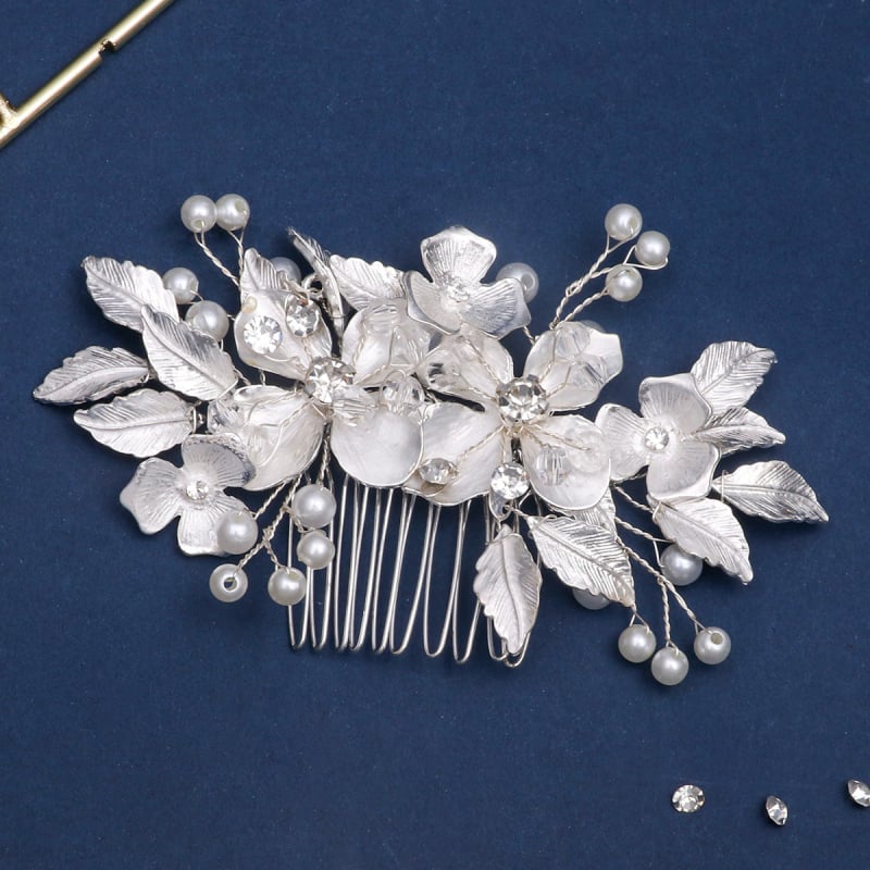 Щипка за коса във форма на цвете от сплав с перли и кристали, електроплатена ръчна изработка, подходяща за сватба